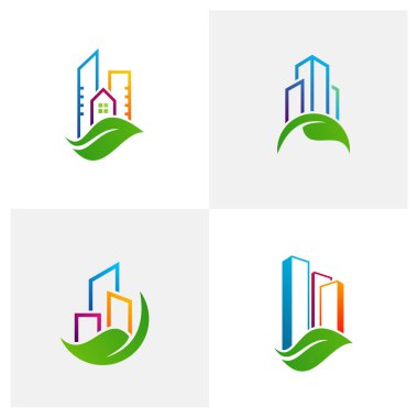 Yaprak Şehri logo vektör şablonu, Yaratıcı İnşaat logo tasarım kavramları kümesi