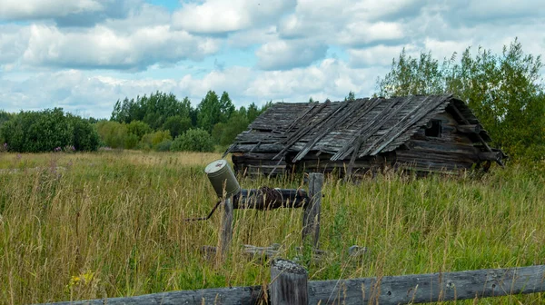 Abandoned Overgrown Grass Wooden Rustic Hut Next Well Stock Photo