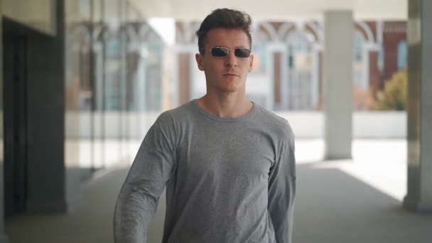 Handsome Stylish Man Dresses Sunglasses Walks City Attractive Caucasian Guy — Stock Video