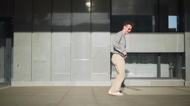 Handsome Happy Funny Man Sunglasses Actively Running Smiling Dancing Joy — Stock Video