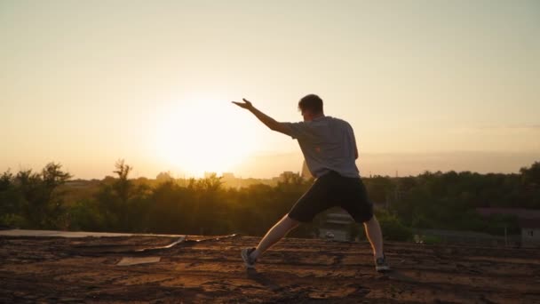 Silhouet van een man die vechtsporten beoefent op de achtergrond van een prachtige zonsondergang. Hij traint Tai Chi en karate. Kunst van zelfverdediging. Langzame beweging — Stockvideo