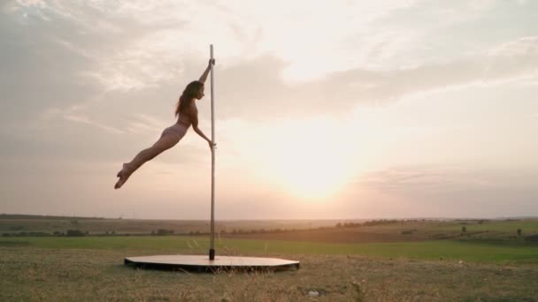 Mooie atletische vrouw voert trucs op de paal tegen de achtergrond van zonsondergang in het veld. Schoonheid en lichaamsverzorging. Vrouwelijke sport en fitness. Langzame beweging — Stockvideo