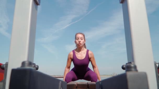 Ung atletisk kvinna i lila sportdräkt som gör en squat-övning på en simulator i en stadspark. Fitness och träning utomhus. Långsamma rörelser — Stockvideo
