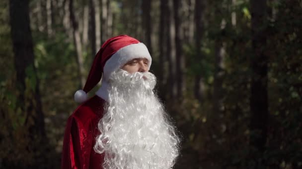 サンタクロースのスーツを着た悲しい男だけが森の中に立っています。クリスマスだ。新年。スローモーション — ストック動画