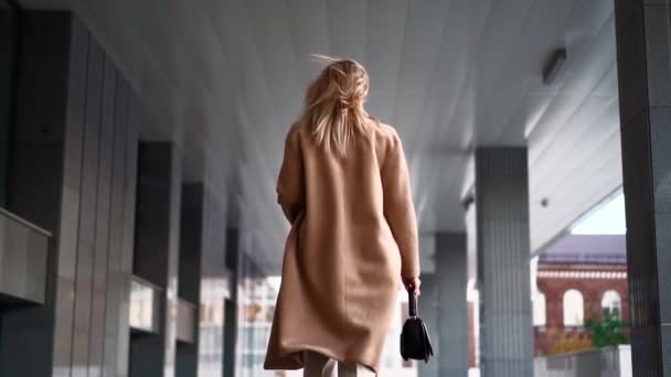 Méconnaissable Belle femme d'affaires en manteau marron se promène le long de l'immeuble de bureaux pour travailler. Vue de derrière. Mouvement lent — Video