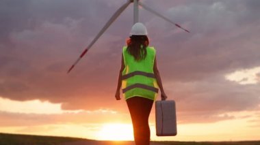 Üniformalı ve kasklı kadın ekoloji mühendisi elinde özel teçhizatla güzel bir günbatımı arka planında yel değirmenine hizmet ediyor. Alternatif enerji kavramı. Yavaş çekim.