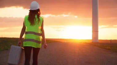 Üniformalı ve kasklı kadın ekoloji mühendisi elinde özel teçhizatla güzel bir günbatımı arka planında yel değirmenine hizmet ediyor. Alternatif enerji kavramı. Yavaş çekim.