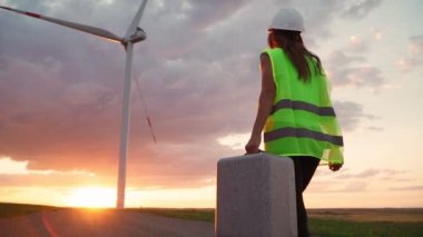 Üniformalı ve kasklı kadın ekoloji mühendisi elinde özel teçhizatla güzel bir günbatımı arka planında yel değirmenine hizmet ediyor. Alternatif enerji kavramı. Yavaş çekim.