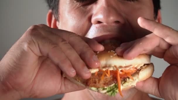 Homem Está Comer Hambúrguer Comida Plástico Hábitos Alimentares Pouco Saudáveis — Vídeo de Stock