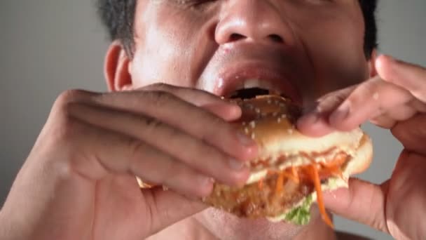 Homem Está Comer Hambúrguer Comida Plástico Hábitos Alimentares Pouco Saudáveis — Vídeo de Stock