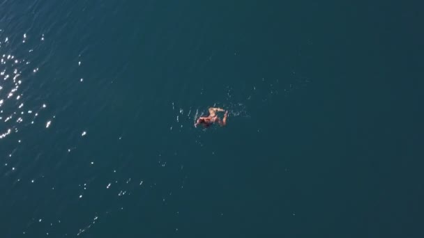 Vue aérienne. belle femme avec une silhouette mince en maillot de bain nage dans la mer de cristal — Video