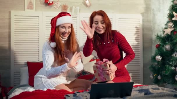 Two playful women chatting happy new year friends online via laptop. Christmas — Stock Video