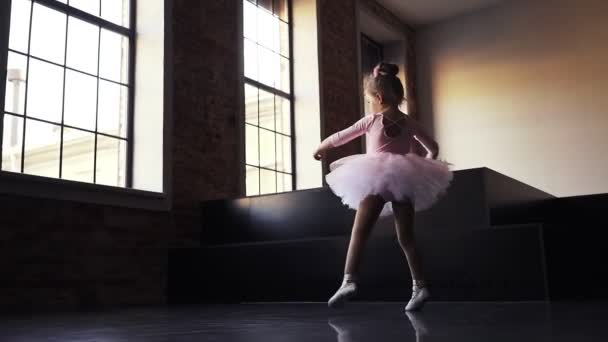 Kind Kleine ballerina in roze tutu danseres. Kinderballet. Langzame beweging. — Stockvideo