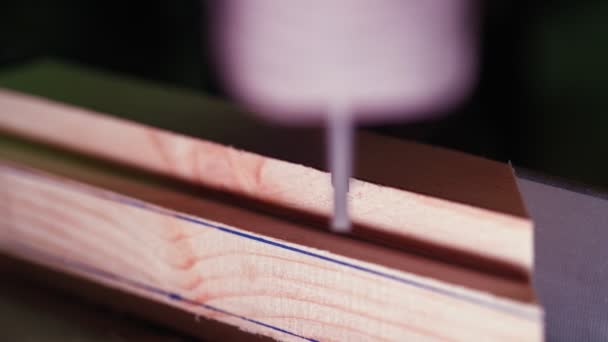 Worker Carpenter Sawing Board with a Circular End Saw in his Carpentry Workshop — Stock Video