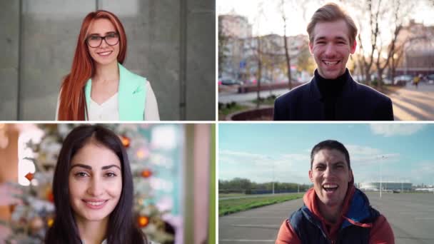 Collage portret van verschillende lachende jongeren en studenten van mix raced. — Stockvideo