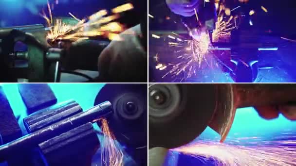 Kollázs férfi munkás vágja le a fémcsövet darálóval, rögzíti őket Vise — Stock videók