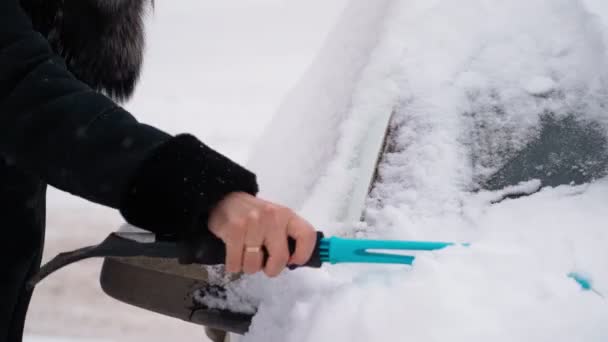 Mulher limpa o carro da neve no inverno em tempo frio. Está nevando. Fechar — Vídeo de Stock