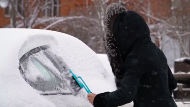 Frau reinigt Auto im Winter bei kaltem Wetter vom Schnee Es schneit. — Stockvideo