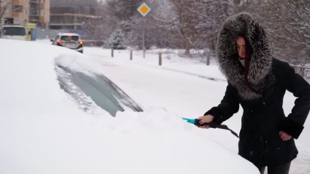 Γυναίκα καθαρίζει το αυτοκίνητο του χιονιού το χειμώνα στο κρύο καιρό. Χιονίζει.. — Αρχείο Βίντεο