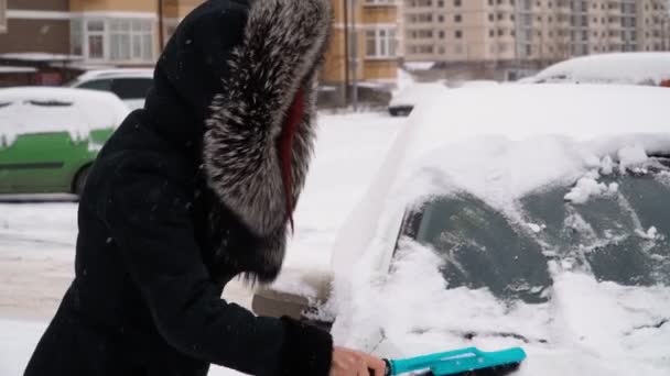 Kvinnan rengör snöns bil på vintern i kallt väder. Det snöar. — Stockvideo