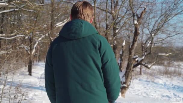 Счастливая парочка, гуляющая в зимнем лесу, играющая и бросающая снег. День святого Валентина — стоковое видео