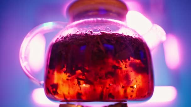 Transparentní konvice s čajovými lístky varu na plynovém hořáku proti neonovému podsvícení — Stock video