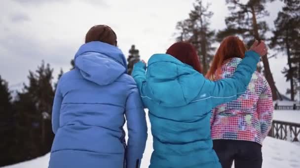 Три щасливі дівчата біжать снігом. Радісні жінки грають смішно в зимовому лісі — стокове відео