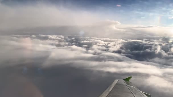 Vue de la fenêtre avion volant vers les beaux nuages. Concept de transport aérien — Video