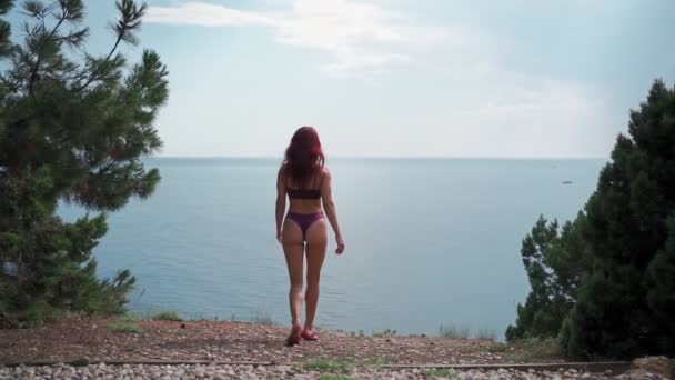 Fille mince en maillot de bain marche vers la mer sur fond de beau paysage — Video