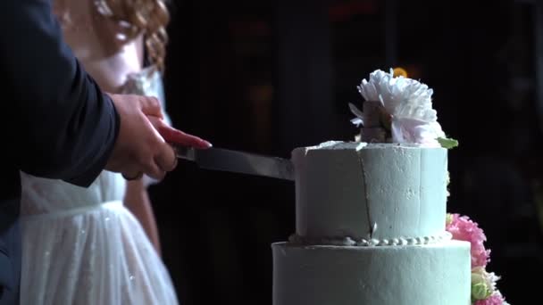Наречений і наречений ріжуть торт під час весілля. Невпізнавані люди — стокове відео