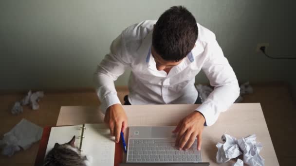 Man lavora a distanza al computer portatile a casa con un gatto tra le braccia. Contesto di Mess — Video Stock