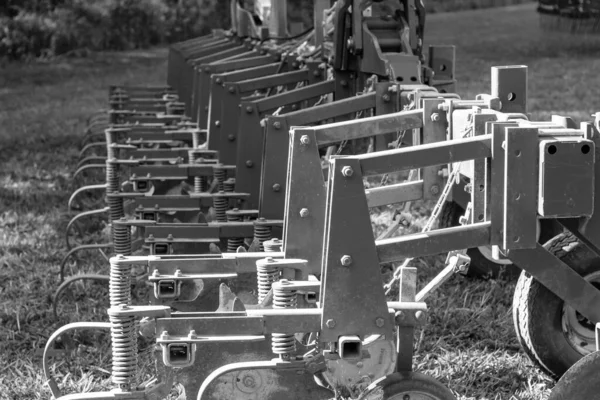Vue Rapprochée Abstraite Outil Agricole Rangs Tracteur Vintage Noir Blanc — Photo