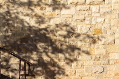 Değişen boyutlarda doğal bej renkli taş blokları olan ve kül desenli dikdörtgen şekilli ağaç gölgeleri ve kısmi merdiven manzaralı çekici bir kireç taşı bina duvarının tam çerçeve yapısı