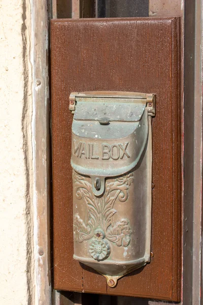 Close View Antique Metal Mailbox Ornate Embossed Designs Attached Old — стоковое фото