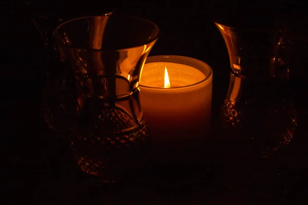 Macro Abstract Defocused View Glowing Golden Candle Flame Illuminating Nearby — Stock Photo, Image