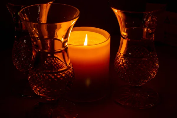 Macro Abstract Defocused View Glowing Golden Candle Flame Illuminating Nearby — Stock Photo, Image
