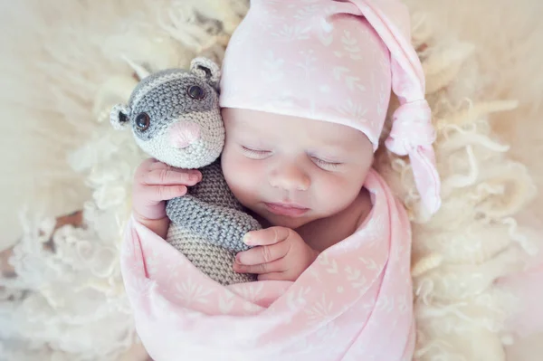 Yeni doğmuş bebek, yün battaniyeye sarılı pembe bir kız. Yeni doğan fotoğrafçılığı için aksesuarlarda uyuyan tatlı bir bebek. Küçük tatlı arkadaşı olan bebek - oyuncak dağ gelinciği