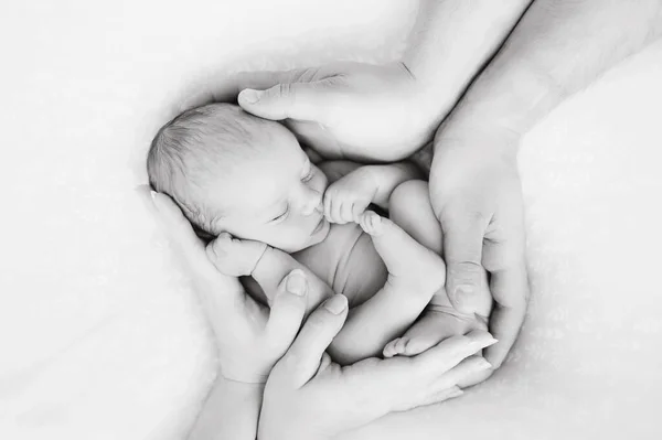 Newborn baby sleeps on blanket. Time to sleep for infant. Parents hands protect baby. Holding a tiny toddler