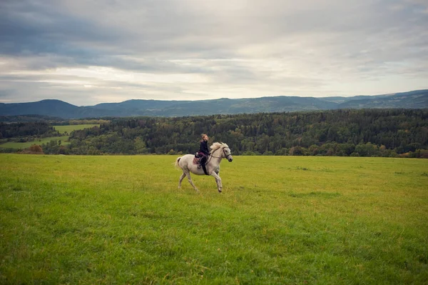 Girl Horse Girl Horseback Riding Bautiful Landscape Girl Saddle Horse — Stock Photo, Image
