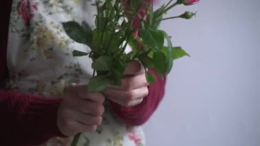  Çiçekçi önlüklü bir kadının iş yerindeki bir çiçekçide pembe gül buketi yaptığı yakın plan fotoğraf. Mağazadaki çiçekçinin çalışma konsepti. 4k makro