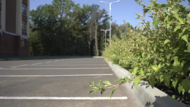 Leerer Parkplatz Einem Sonnigen Frühlingstag Oder Sommer Nahaufnahme Einer Weißen — Stockvideo