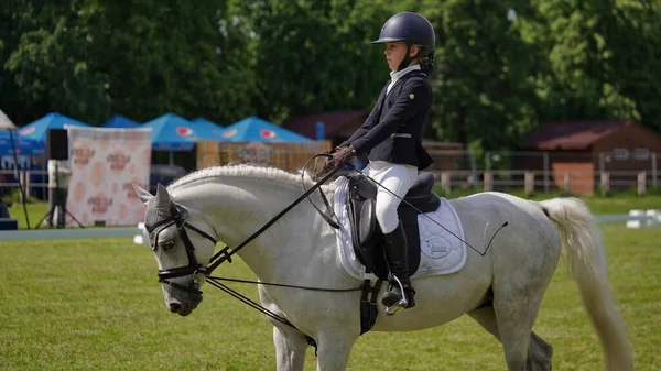 Dziewczyna Jeździec Biały Koń Zawodach Sportowych Jeździeckich Jazda Konna Arenie — Zdjęcie stockowe