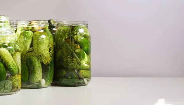 Closeup Glass Jars Filled Fresh Cucumbers Dill Garlic Black Pepper — Stock Photo, Image