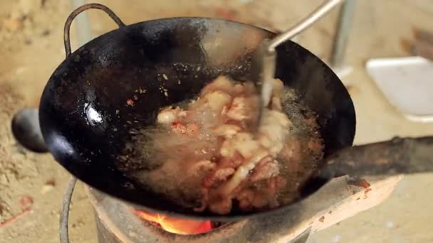 Fried Pork Metal Pan Hot Oil Closeup Very Delicious Food — Stock Video