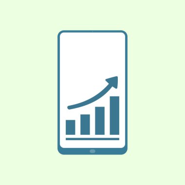 Yükselen bir çubuk grafiğini yukarı doğru ok ile gösteren bir akıllı telefonun minimalist düz çizimi, iş büyümesini, analitiği, başarıyı ve dijital ilerlemeyi simgeliyor.