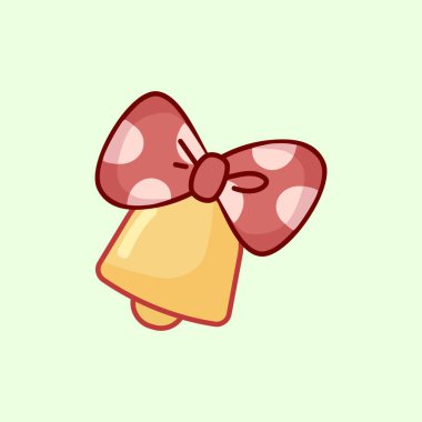 Soluk yeşil arka planda pembe benekli bir fiyonkla süslenmiş büyüleyici sarı bir Noel çanı. Kutlama kartları ve mevsimlik dekorasyon için mükemmel bir bayram illüstrasyonu.