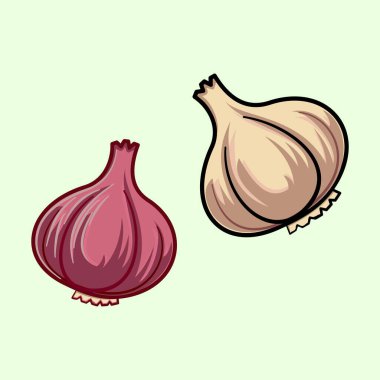 Beyaz sarımsaklı bir ampul ve soluk yeşil bir arkaplanda kırmızı soğan içeren canlı bir illüstrasyon. Yemek, organik gıda ve mutfak temaları için mükemmel bir grafiksel stil..