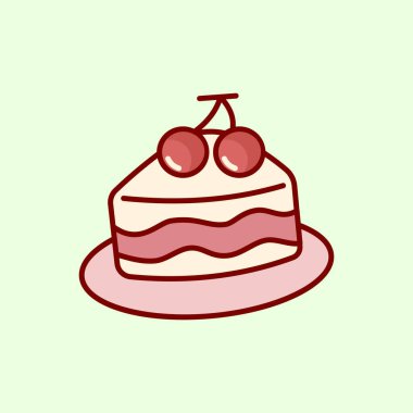 Üzerinde pembe bir tabakta iki kırmızı kiraz bulunan beyaz pasta diliminin büyüleyici bir çizimi. Pastane logoları, kafe menüleri ve çıkartmalar için mükemmel..