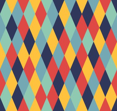 Geometrik şekilli, çapraz kesimli, dikişsiz elmas deseni. Renkli stil, mavi, açık mavi, sarı, kırmızı, deniz mavisi. Soyut arkaplan. Vektör illüstrasyonu.