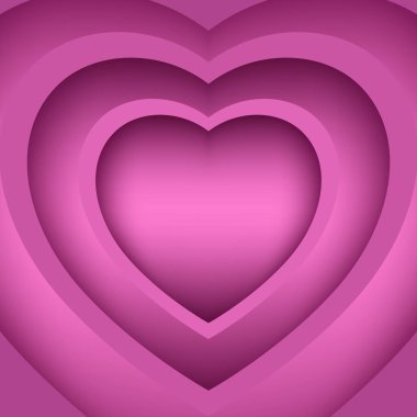 Pembe kalp şeklinde kağıt, arka planda gölgeler olan üç katmana bölünmüş. Soyut şablon, kartvizit şablonu, kapak broşür, broşür, poster, duvar kağıdı, web tasarımı. Vektör illüstrasyonu.